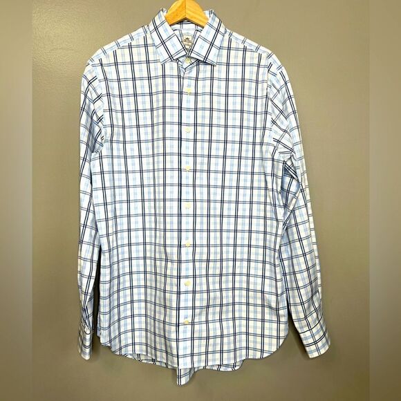 Peter Millar nanoluxe white blue checkered print long sleeve button up shirt 16L - Picture 3 of 6